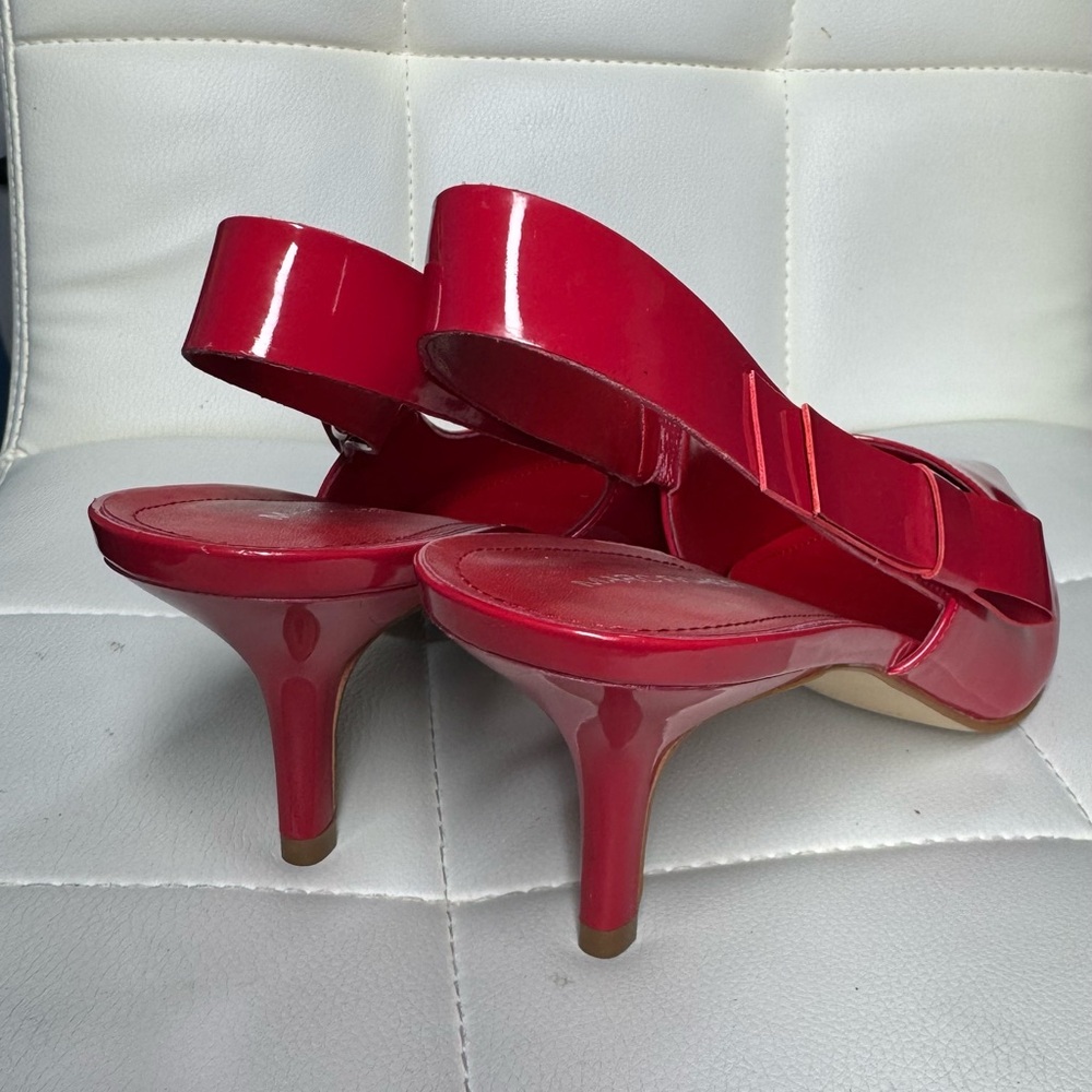 Red Patent Slingback Pointed-Toe Heels with Bow Accent - Picture 11 of 14